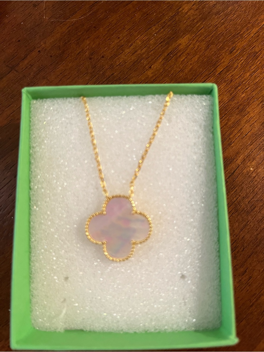 Gold Clover Pendant Necklace with Iridescent Pink Inlay